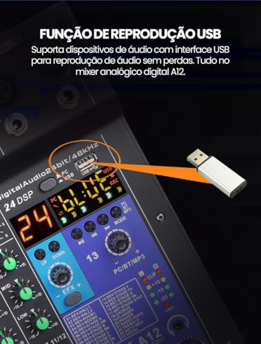 Mixer de 12 canais, mixer analógico combinado com placa de som digital Alimentação fantasma de 48 V