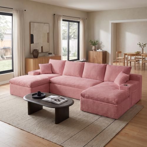 Image of 120 inch Modular Sectional Sofa, U-Shape Boneless Couch, Pink