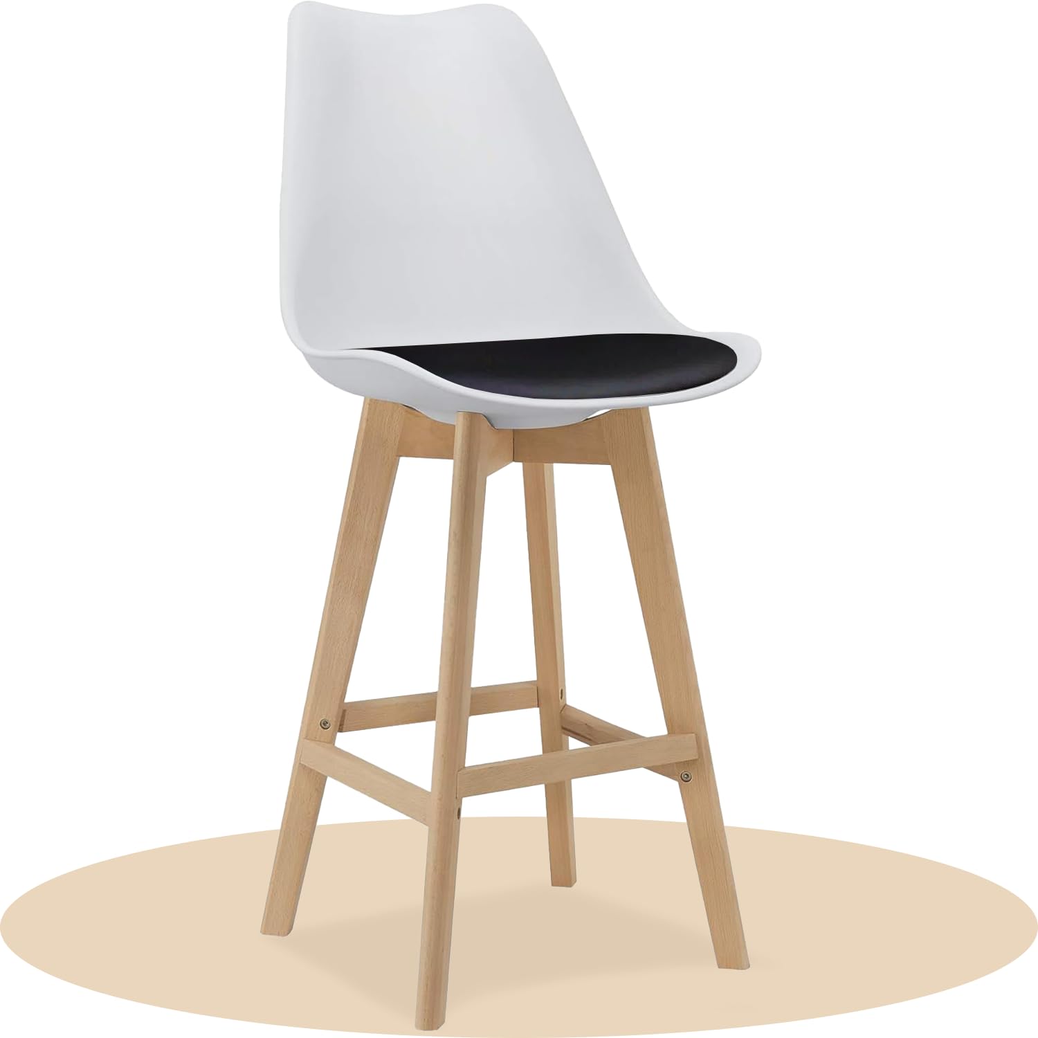 Dekohome Kitchen High Stool with Back, Soft and Upholstered Seat, Sturdy Beech Wood High Legs with Footrest, Nordic Chairs (White and Black, 1 Piece)
