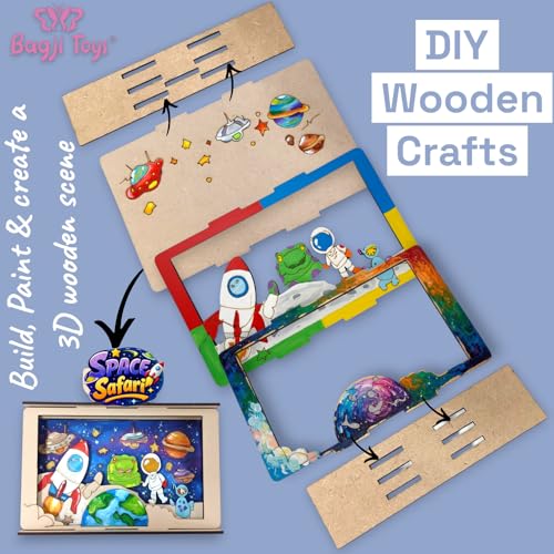 Image of BAGJI TOYS 3D Wooden Painting Kit for Kids Ages 4-8 - DIY Arts & Crafts Set with Dinosaur, Ocean & Jungle Animal Shapes, 12 Paints & 1 Brush - Creative Art Activity, Return Gifts, Birthday Party Favor, Return Gift