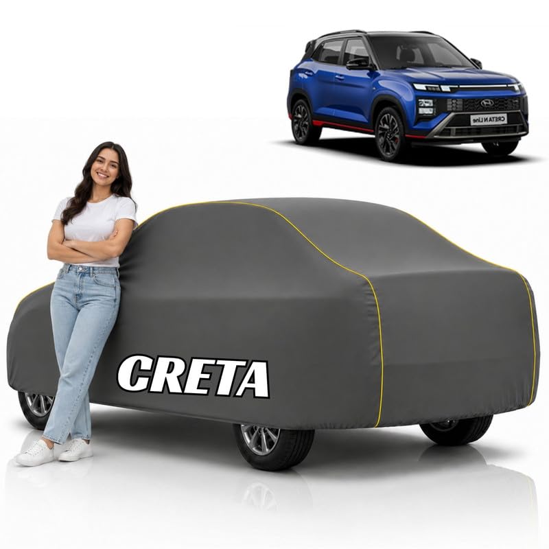 Image of Mind-Blowing 2026 100% Waterproof Creta Facelift Car Cover | Polyester Car Body Cover for Rain & Sun | UV Protection, Dustproof, Scratch Resistant, Windproof, Heat Resistant, Custom Fit (Grey)