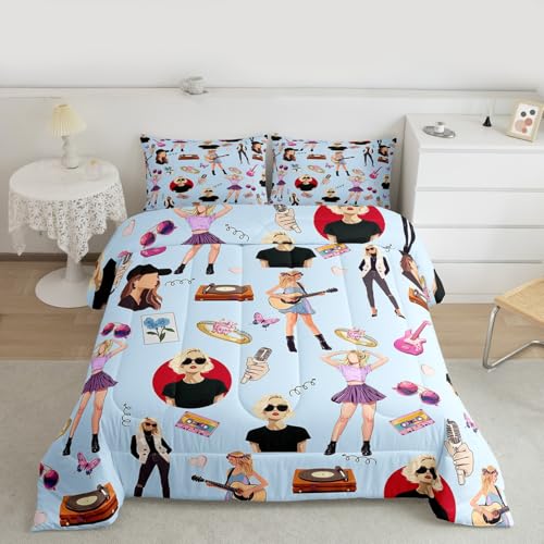 jejeloiu Music Bedding Set Twin Size Girls Singer Comforter Gifts for Women Music Lovers Girly Guitar Comforter Set Coworker Sister Friends Bed Set with 1 Comforter, 1 Pillow Case Blue Room Decor