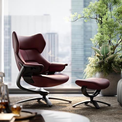Image of TOMU Genuine Leather Reclining Swivel Chair with Adjustable Headrest and Ottoman for Living Room, Executive Office, Bedroom and Study. Real Leather Luxury Recliner for Reading and Relax (Red)