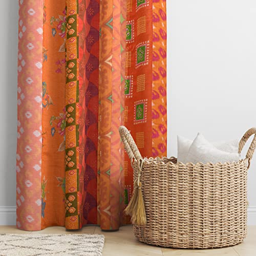 THE ART BOX Orange Silk Sari Curtains โ Boho Patchwork Window Panels, Indian Recycled Silk Blend Drapes for Living Room & Bedroom, 2 Panels 84 x 42 Inch