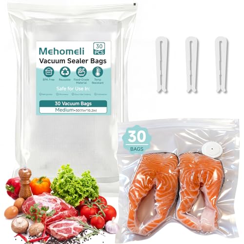 Image of Reusable Vacuum Sealer Bags for Food - 30 BPA-Free Medium (11in x 10.2in) Food Storage Bags, Freezer Microwave Safe- Odor Resistant, Leak-Proof - Compatible with Handheld Vacuum Sealers
