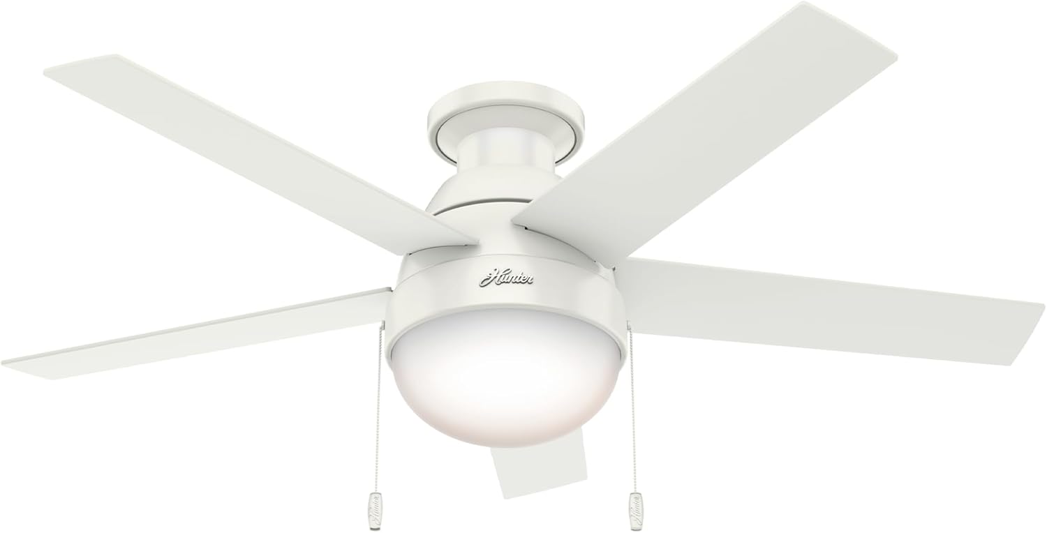 Hunter 46 inch Indoor Ceiling Fan with LED Light - White Ceiling Fan with Pull Chain, For Bedroom, Living Room, or Kitchen, Low Profile Mount, No Remote, 5 Blades - Anslee 59269, Fresh White