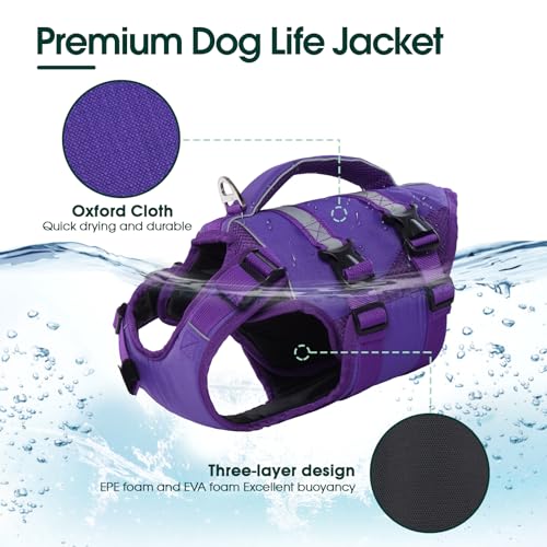 Kuoser Dog Life Jacket, High Flotation Dog Life Vest for Swimming Boating, Adjustable Ripstop Pet Lifesaver for Small Medium and Large Dogs, Reflective Safety Puppy Swimming Vest with Rescue Handle - Thumbnail 3