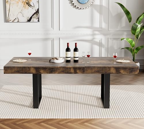 Image of Rustic Brown Dining Room Table Set for 8, 9-Piece 63 inch-78.74 inch Extendable Dining Table Set with 8 Upholstered Chairs,Rectangle Wooden Expanding Kitchen Table and Black Chairs Set