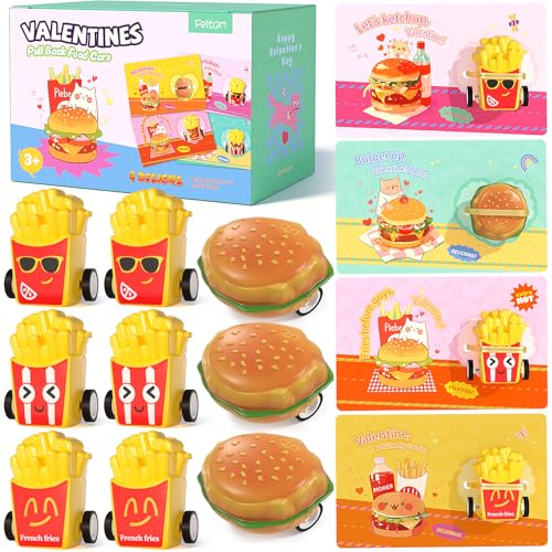 Feltom 28 PacksValentine’s Day Kids Toy Set, Pull Back Burger Car Toys with Valentine Cards, Non-Candy Classroom Exchange Gifts, Fun Party Favors for School Classroom Prizes Gift