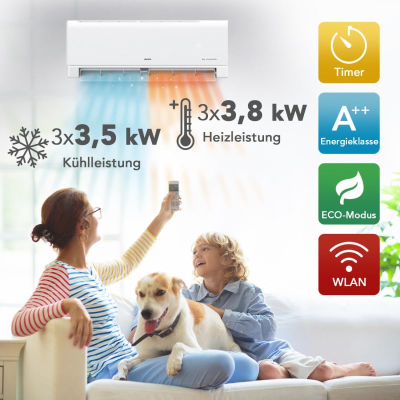 AUX A++ Klimaanlage Set Multi Split 36000 BTU (10,5 kW) - Außengerät + 3× Wandgerät mit WLAN - R32 Kältemittel - Mattweiß - leise Klimaanlage für 3 Räume, Büro & Schlafzimmer