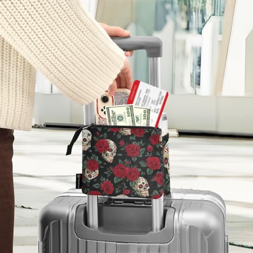 Image of Luggage Cup Holder for Suitcases Free Hands Suitcase Cup Holder Travel Luggage Drink Holder Portable Luggage Cup Caddy Bag Carrier with Handle Mexico Skull Rose Flowers Red