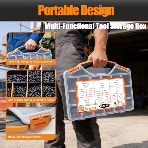 Image of Dianrui 1020 PCS High Hardness Wood Screws Assortment Kit, #6#8 Drywall Screws, Assorted Black Wood Screws, Phillips Flat Head Screw Set-13 Sizes (5 /8 inch,3 /4 inch,1 inch,1-1 /4 inch,1-1 /2 inch,2 inch,2-3 /4 inch)