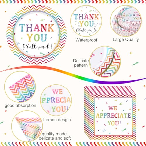Image of Funnymoom 452 Pcs Thank You Party Decorations for 50, We Appreciate You Paper Plates Napkins Cups Tablecloth Cutlery Straws for Employee Staff Housekeeping Week Pastor Appreciation Party Supplies