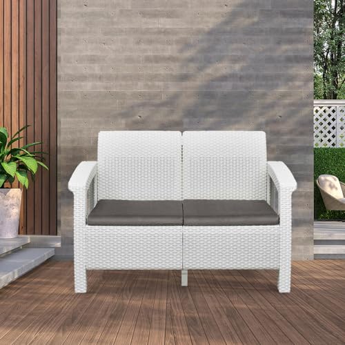 Image of Nilkamal Plastic Goa 2 Seater Balcony Sofa With Cushion | Indoor & Outdoor Furniture | Patio Chair Two Seater | Gardens Poolside Cafes Restaurants And Terraces Milky White & Grey