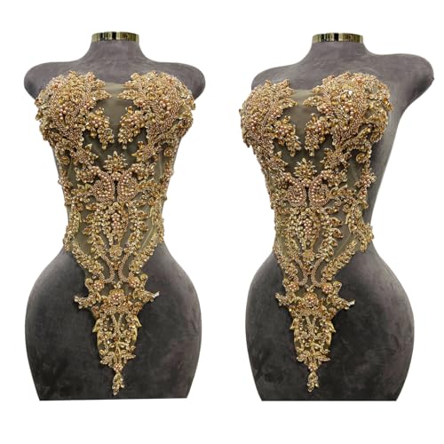 Handmade Rhinestones Lace Bodice Applique Sew on Beads Sequins Trimming Patches for Dress Clothing Accessories 1Pcs/Bag (Champagne)
