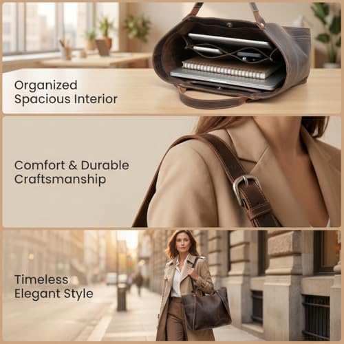 The Tannery Large Genuine Full Grain Leather Tote Bag for Women, Purse for Work Travel and Everyday Use, Stylish Durable Shoulder Handbag with Zipper Fits Laptop, Thanks Giving (Dark Brown) by The Tannery - Image 3