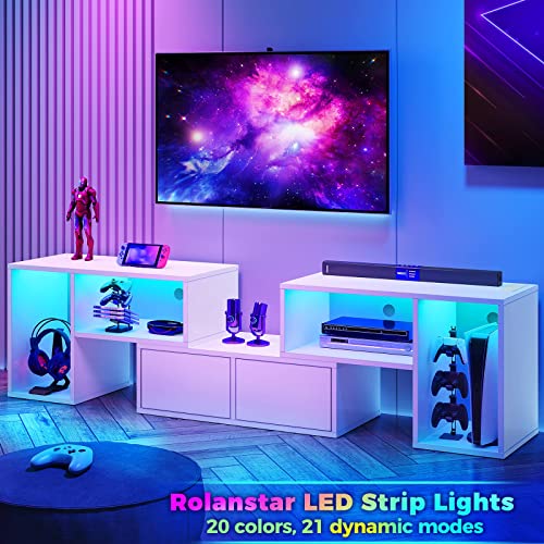 Rolanstar Tv Stand, Deformable Tv Stand With Led Strip & Power Outlets, Modern Entertainment Center For 45/50/55/60/65/70 Inch Tvs, 3 Pieces Tv Stand With Open Storage And 2 Storage Cabinet, White #TOP1