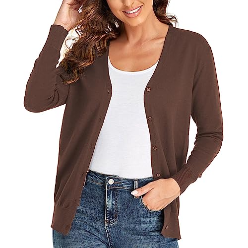 CUNYI Gilet Femme, Chandail Tricot avec Boutons pour Femme, Pull Veste Cardigan Col V Manches Longues Classique, Café L