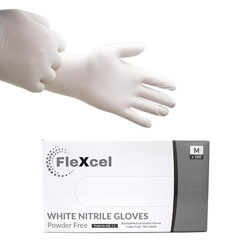 FleXcel Powder Free Nitrile Gloves - Medical-Grade, Latex-Free, Food Safe (Box of 100) - White - S