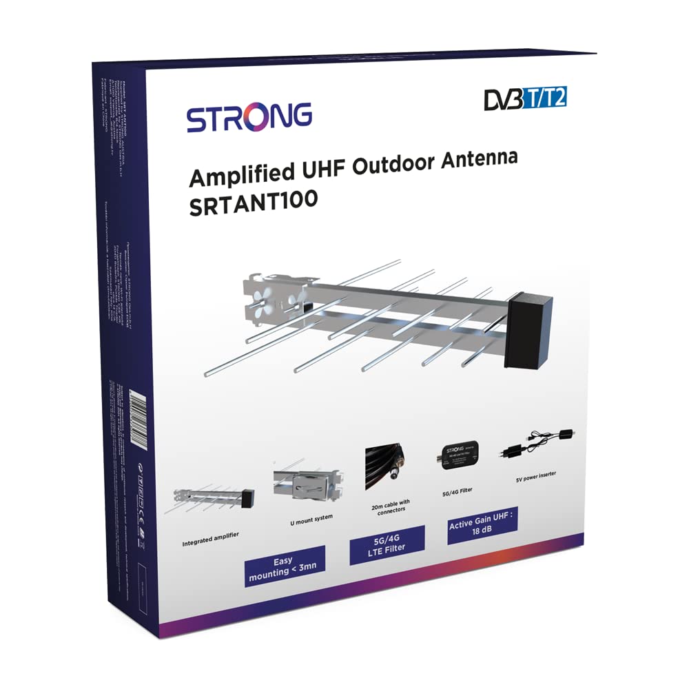 STRONG SRT ANT 100 | antena zewnętrzna UHF | 16-18 dB | DVB-T/T2 | wzmacniacz High-Gain | filtr 4G / 5G | Inserter 5V | wtyczka F