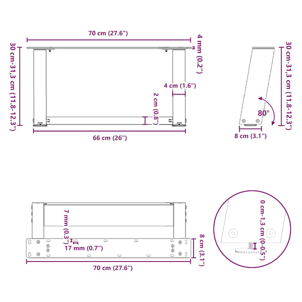 vidaXL Couchtischbeine U-Form 2 STK. Schwarz 70x(30-31) cm Stahl