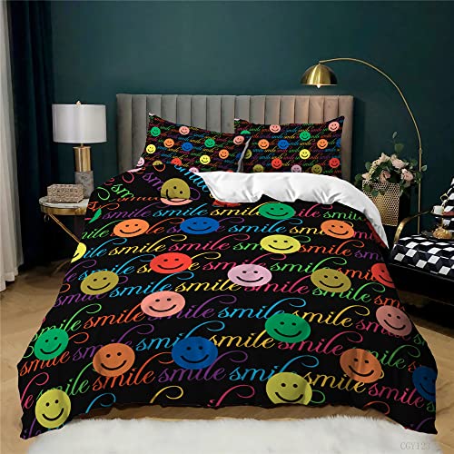 Ensemble De Housse De Couette Smiley Emoji Doodle, 100% Coton à Fibres Longues, Ensemble De Literie Respirant Léger avec Fermeture à Bouton Caché (Modèle...