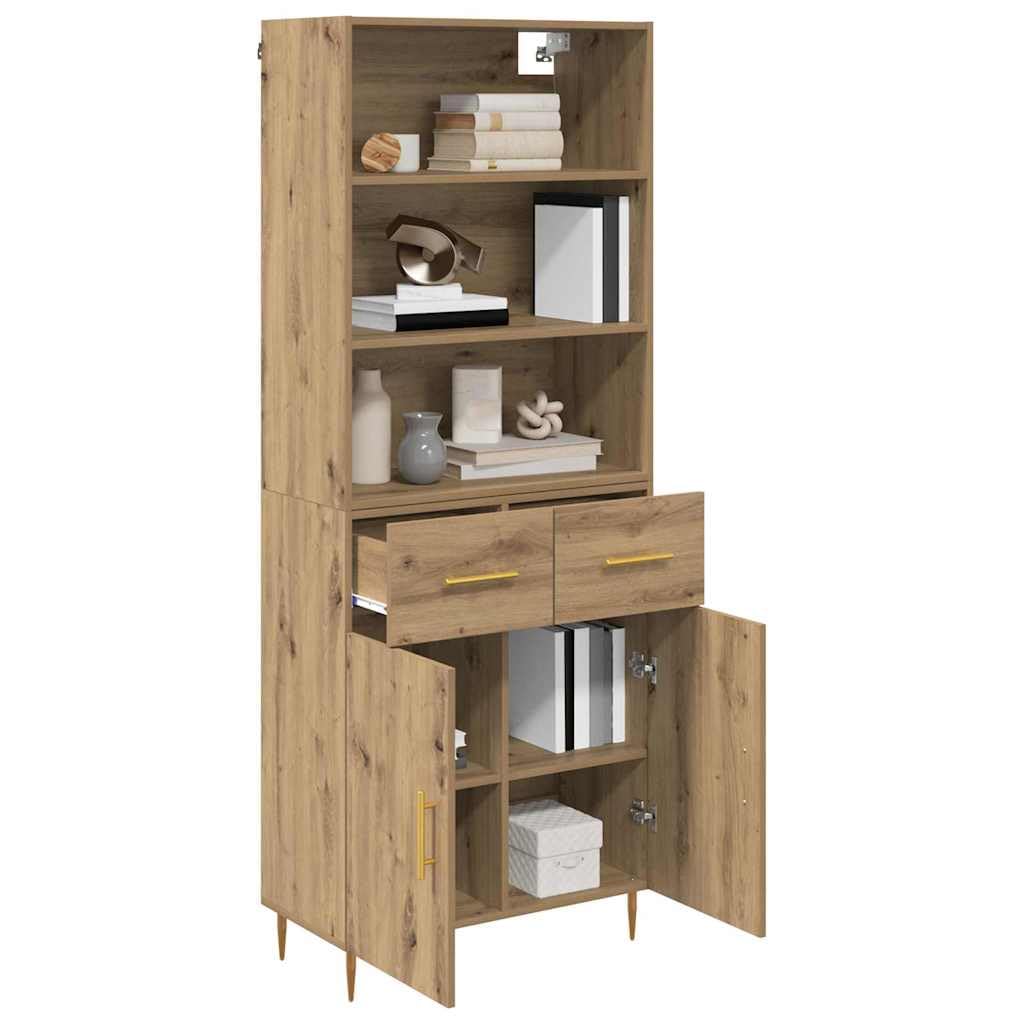Armario alto de madera de roble Artisan, 69,5 x 34 x 180 cm, moderno armario alto de madera con cajón, diseño elegante para salón, comedor, almacenamiento versátil