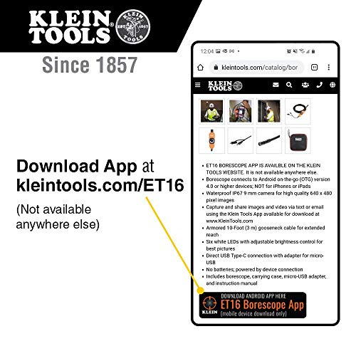 Klein Tools Et16 Borescope Digital Camera With Led Lights, For Android Devices, Usb-C Or Micro-Usb Connection; No Batteries Needed #TOP1
