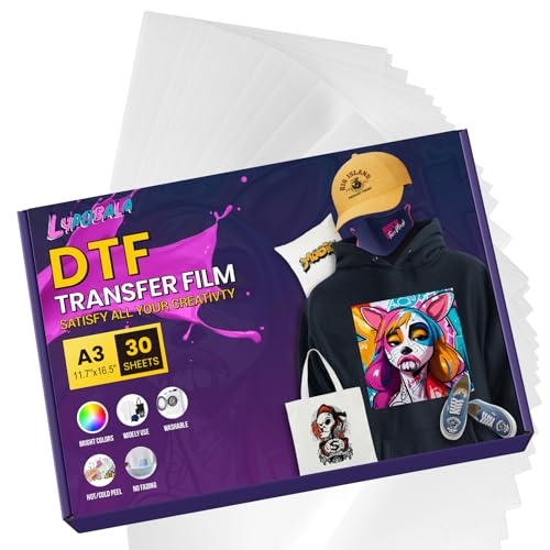 LYPOBALA DTF Transfer Film, Double-Sided Matte DTF Film for DTF/Epson Inkjet Printer DTG Printer, PET Heat Transfer Paper Direct to Film Print On All Fabric and Colors T-Shirts Textile (A3-30 Sheets)