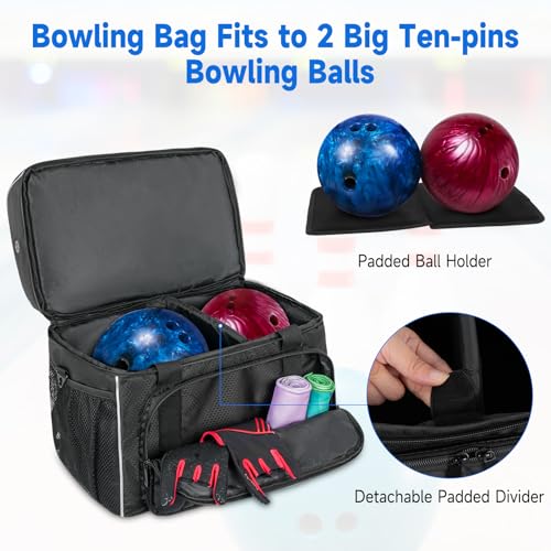 Jaffzora Bowling Ball Bag, 2 Balls Bowling Bag with Ball Holder, Fits a Single Pair of Bowling Shoes Up to Size 16 for Men, Black - Thumbnail 3