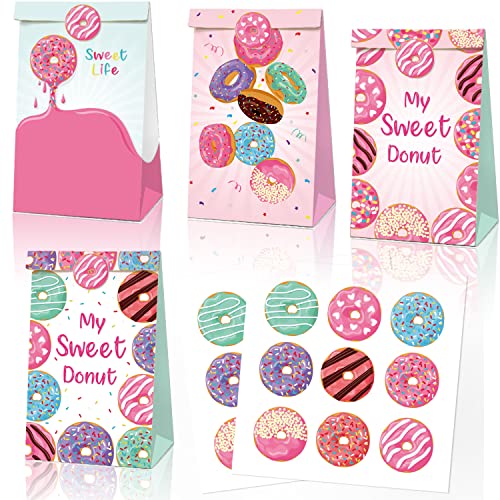 12 PiècesSacs Cadeaux en Papier,ticker beignet personnalisé,Sachet bonbons anniversaire,Sacs de Bonbons en Papier Kraft pour Anniversaire, Fête, Mariage, Marché, Célébration,etc Cover