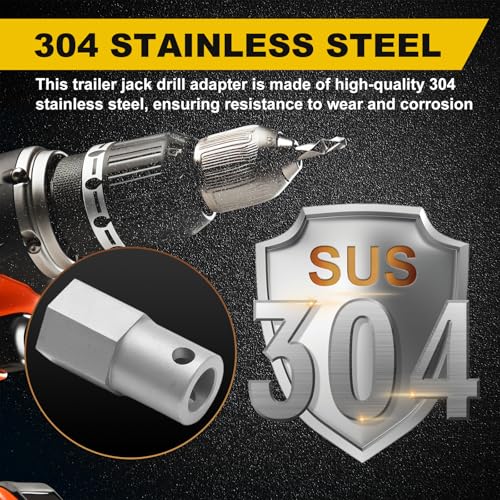 Image of Full Stainless Steel Top Wind Trailer Jack Crank Handle Cordless Drill Adapter, 304 Stainless Steel Accessories, with Two 1 /2 Inch Socket Adapter Bit