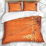  Soefipok Bettbezug-Sets Goldorange Orientalisch Abstrakt Bamboo Style Flower Tree Asia Mikrofaser Bettwäsche mit 2 Kissenbezügen