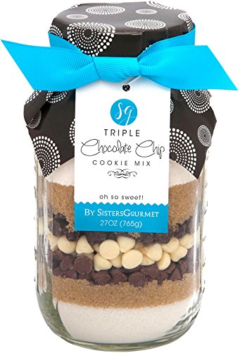 Sisters' Gourmet Triple Chocolate Chip Cookie Mix - Qt. Sized Ball Mason Jar - Makesup To 3 Dozen Cookies Net Wt. 27.0 Oz - Cookies In A Jar, Chocolate Chip Cookie Mix