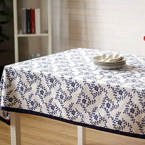Nappe fleurs et feuilles rectangulaire coton bleu blanc 140x220