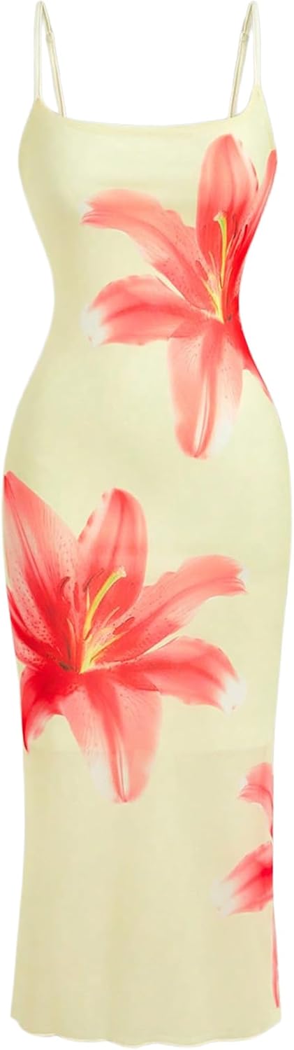 Verdusa Women's Floral Print Layered Cami Dress High Rise Backless Sleeveless Long Dress