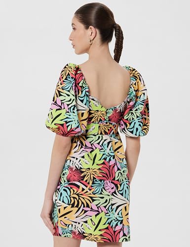 Image of ONLY Tropical Printed Square Neck Puff Sleeves Cotton Sheath Dress