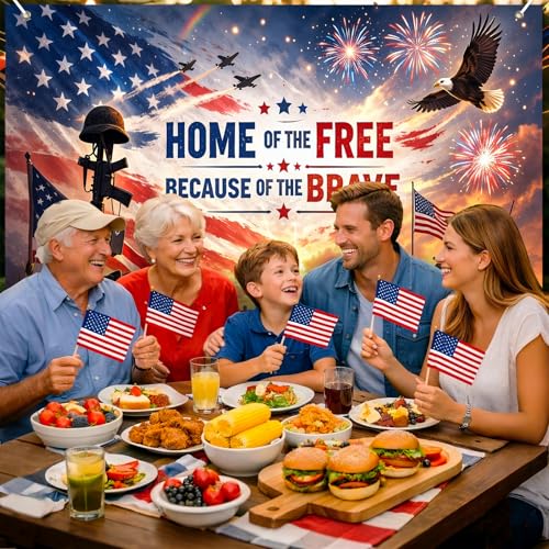 Image of BlissYard Veterans Memorial Backdrop Military Appreciation Banner Patriotic Soldier Tribute Decorations 8x6ft Home of the Free Because of the Brave Veterans Day Memorial Day Independence Day Decor