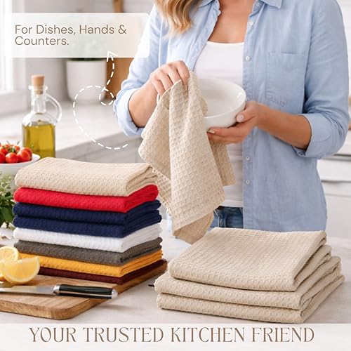 Image of Beige Kitchen Dish Towels Set of 4-100% Cotton Waffle Weave, Super Absorbent, Soft, Quick Drying, 16x26 Inches, Ideal for Cleaning, Bar, Tea, and Everyday Use, Tan