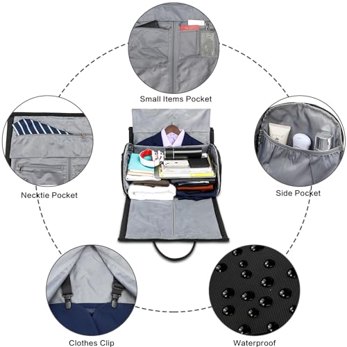 Garment Duffle Bags for Travel, OEIPSMK Convertible Carry on Leather Garment Bag for Men Women, 2 in 1 Waterproof Weekender Suit Travel Bags with Shoe Compartment for Traveling & Business Trips, Black3
