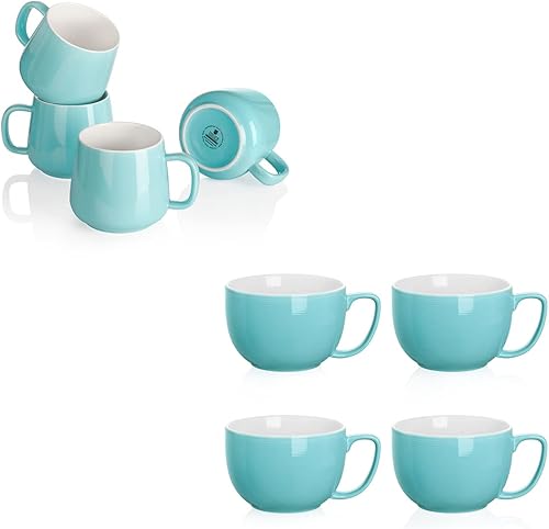 Teocera Juego de 4 tazas de café de 12 onzas y tazas de café jumbo de 24 onzas, color turquesa