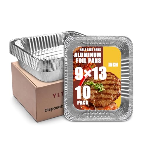 Image of YLT WAX 9x13 Disposable Aluminum Foil Pans 10 Pack, Durable Half Size Deep Extra Heavy Duty Food Containers for Baking, Cooking, Roasting, Heating or Steam Table