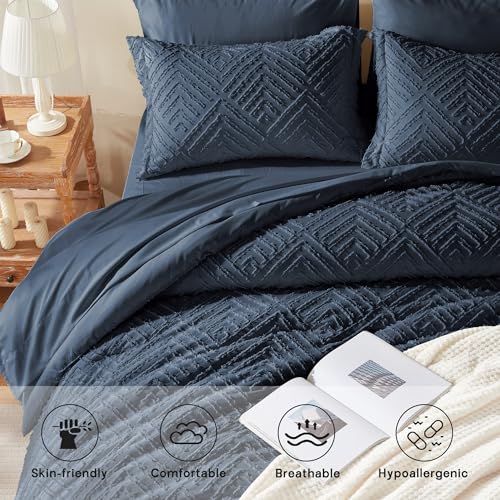Image of Zzlpp Queen Comforter Set 7 Pieces, Navy Blue Tufted Bed in a Bag with Comforter and Sheets,All Season Boho Bedding Sets with Comforter, 2 Pillow Shams, 2 Pillowcases, 1 Flat Sheet, 1 Fitted Sheet