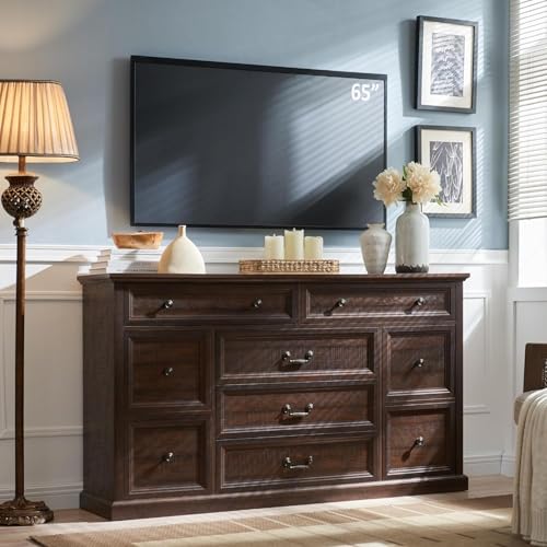 Image of IFGET Farmhouse 9 Drawers Dresser for Bedroom, 60" Wide Wood Rustic Chest of Drawers, Large Storage Dressers Organizer for Bedroom, Living Room, Hallway, Dining Room-Brown