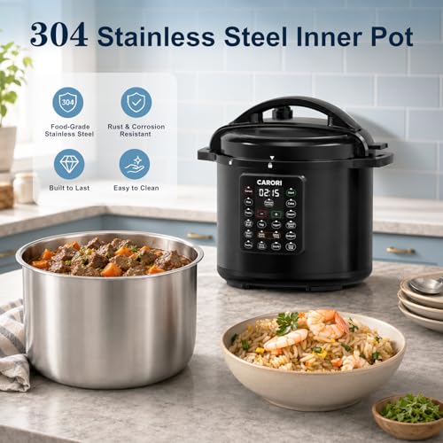 Image of 8Qt Electric Pressure Cooker 12-in-1, 1200W Stainless Steel Multi-Cooker, Slow Cook, Rice Cook, Steamer, Saute, Yogurt Maker, Warmer & Sterilizer, Safer Venting Design with Recipe Book, Black