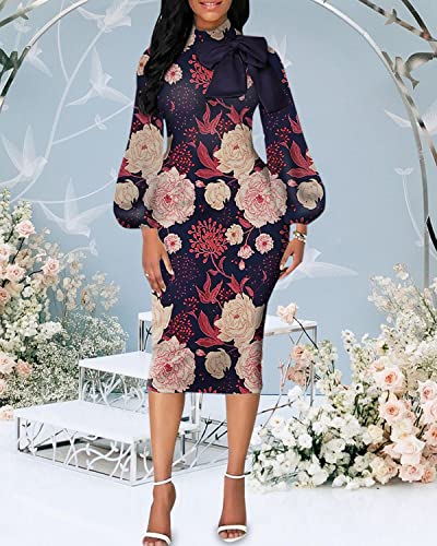 Image of Sexy Long Sleeve Dress for Women Solid Color Bow Knot Turtleneck Formal Gown Midi Casual Church Dresses