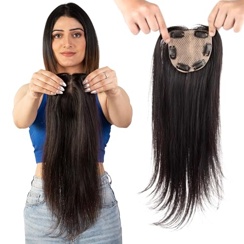 Image of Capilus 100% Human Hair Extensions for Women, Clip in Scalp Topper /Hair Topper, Silk Based- (4 inchx4 inch, 16 Inches, Natural Brown)