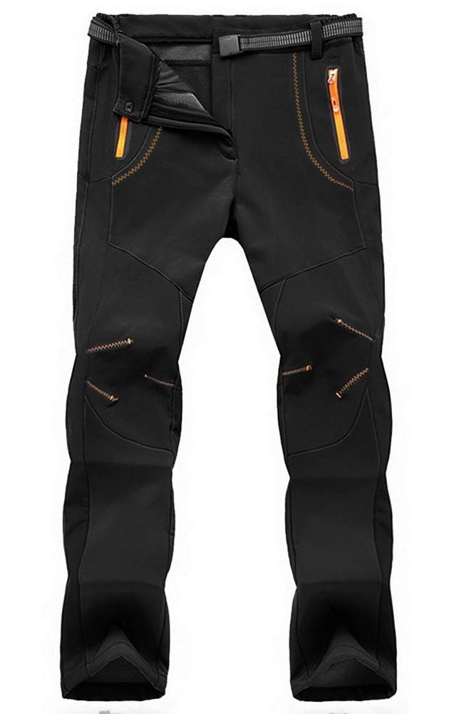 TBMPOY Men's Snow Ski Waterproof Fleece Lined Pants Outdoor Hiking Mountain Softshell with Belt 02 Thick Black M