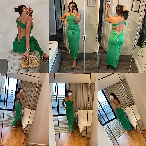 Image of Suillty Women's Sexy Oblique Shoulder Backless Maxi Dress Ruched Back Strap Sleeveless Party Club Long Dresses Bodycon