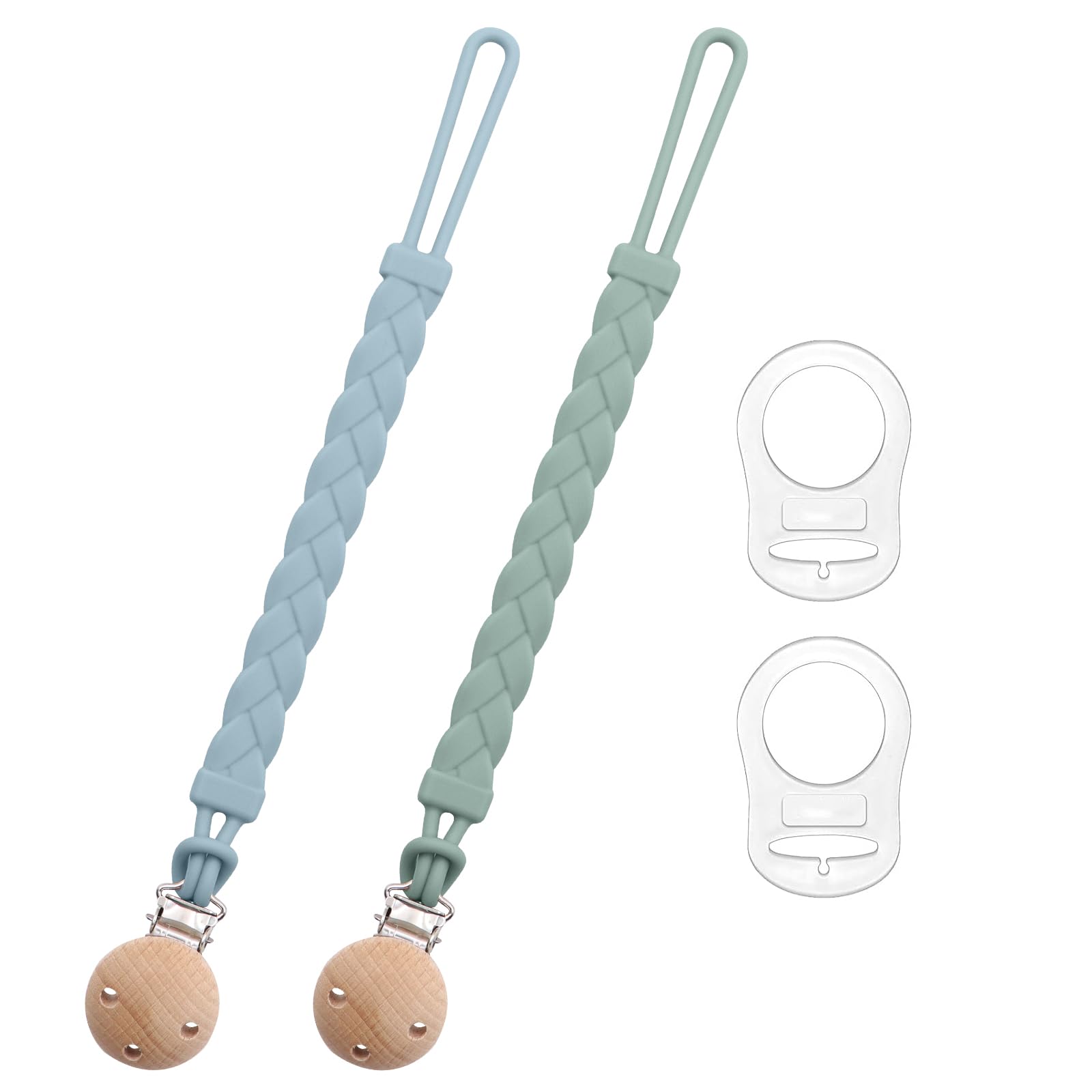 2 Pack Silicone Dummy Clip, Pacifier Clips, Blue & Green